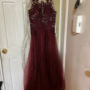 Camille La Vie Burgundy Lace Prom Ballgown